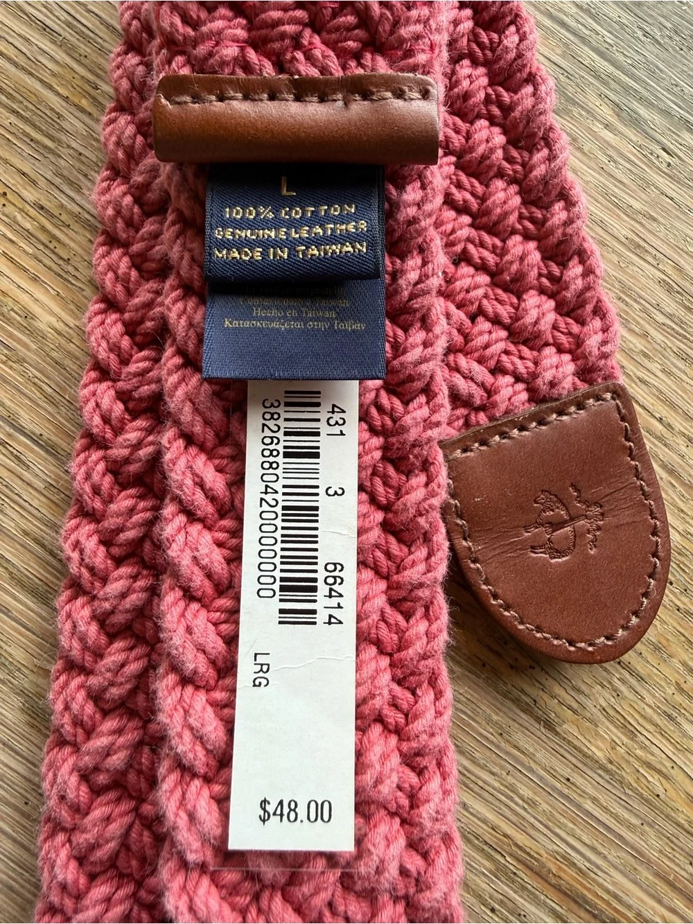 Brooks Brothers Pink/Red Crochet Cotton D-Ring Belt  Boho Leather Trim LG NWT